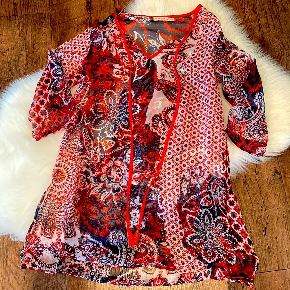 Super stylish boho sheer bathing suit coverup! Can also belt with leggings!